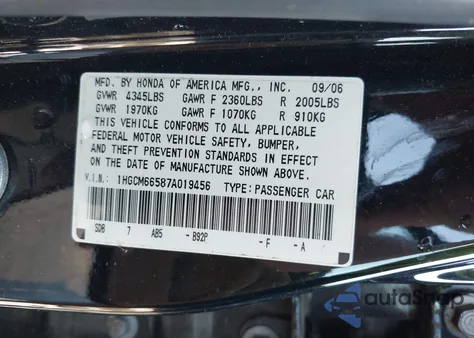 2007 Honda Accord 3.0 Ex z USA, uszkodzony, nr VIN 1HGCM66587A019456